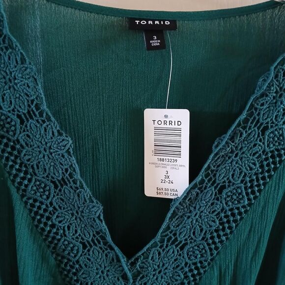Torrid Green Babydoll Crinkle Gauze V-Neck Blouse Lace Bell Sleeves 3 Fairy Boho - Picture 6 of 7